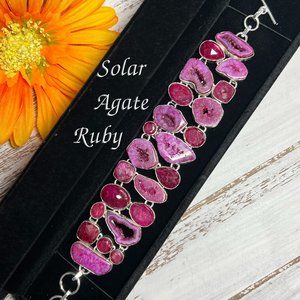 Solar Agate & Ruby Bracelet Handmade Stone Gemstone 925 Silver Large Ethnic New